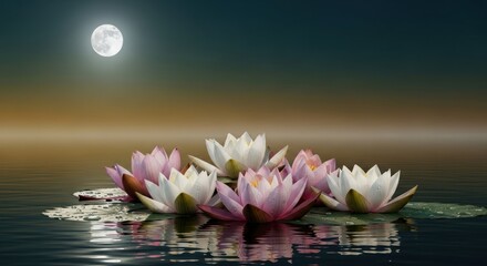 Serene Water Lilies under a Moonlight, reflecting beauty in calm water