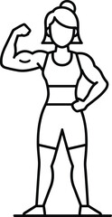 Strong athletic woman flexing arm muscles, fitness illustration of confident female athlete showing strength and power, isolated line art drawing