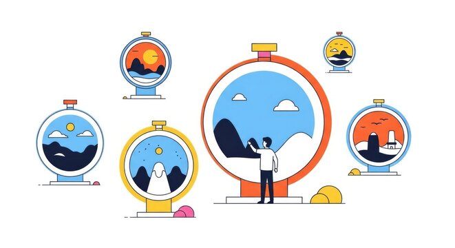 A collection of circular vector illustrations depicting various landscapes and scenes.