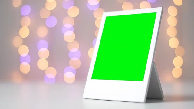 Green screen photo frame on a table with beautiful bokeh lights ideal for customizable content