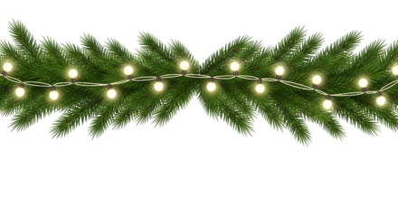 Christmas lights garland with conifer branches – seamless decorative border, transparent PNG