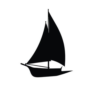 A stark black silhouette of a sailboat against a white backdrop
