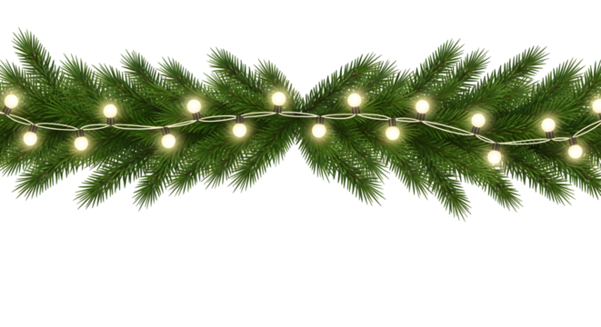 Christmas lights garland with conifer branches – seamless decorative border, transparent PNG