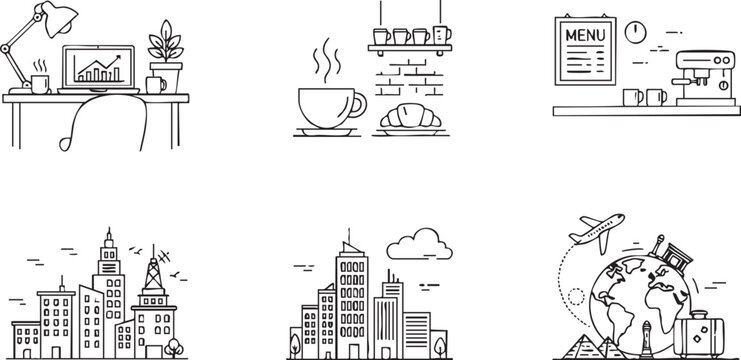Line art icons office, cafe, breakfast, cityscapes, global travel, education, and business themes