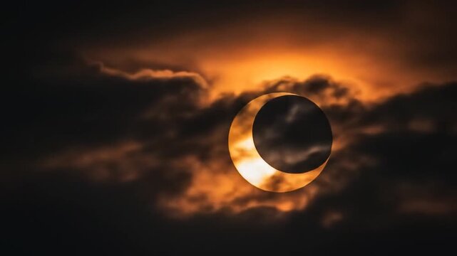 A partial solar eclipse casts a dark shadow over a bright orange-hued sky filled with clouds