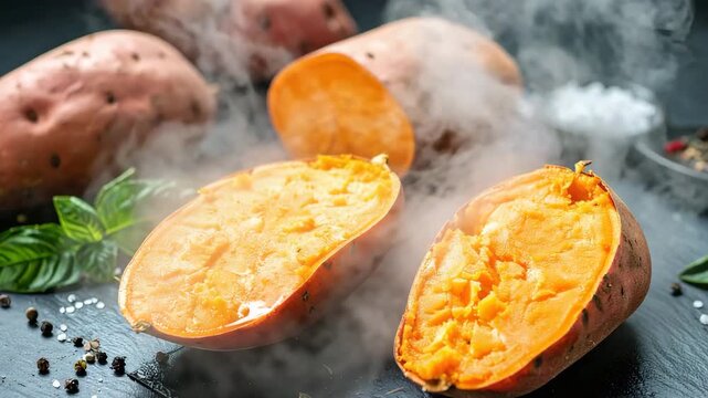 Steaming Sweet Potato Feast:  A close-up shot of sweet potatoes being cooked. with warm vapor rising invitingly and a soft ambiance. A symphony of flavors and textures tantalizes the palate.