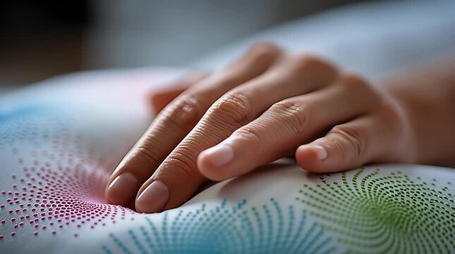 Single hand resting gently colorful patterned pillow close up with soft natural light, fingers touching skin, evoking peaceful calm atmosphere