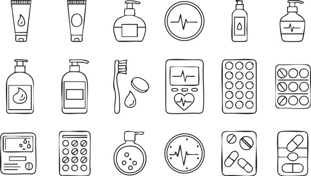 A collection of handdrawn line art icons representing personal care, hygiene, and medical items