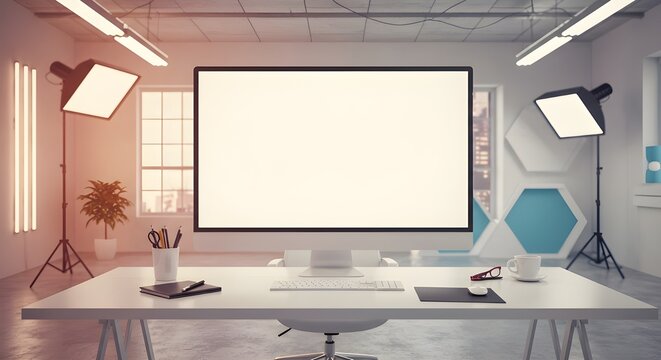 Professional modern office workspace with blank screen computer, ready for your content