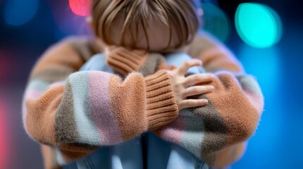 Child hugging knees with small arms wearing colorful striped sweater, blurred background with soft bokeh lights creating calm introspective mood