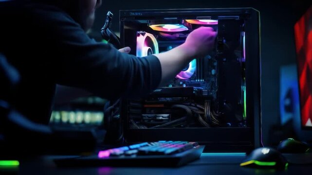 A person assembles a computer case with vibrant RGB lighting, focused on the internal components