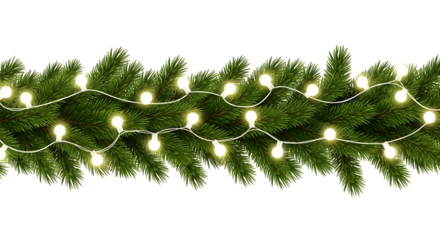 Christmas lights garland with conifer branches – seamless decorative border, transparent PNG