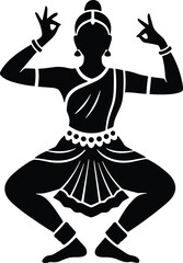 Silhouette of traditional Indian classical dancer performing cultural pose in ornate costume, graceful artistic movement isolated on white background for design