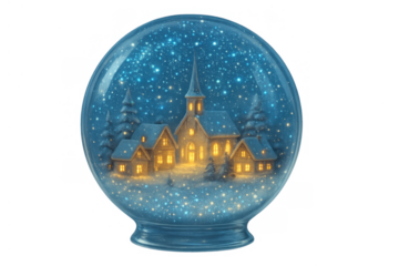 Snow globe featuring cozy winter village scene with church, houses, and sparkling snowfall at night, transparent background