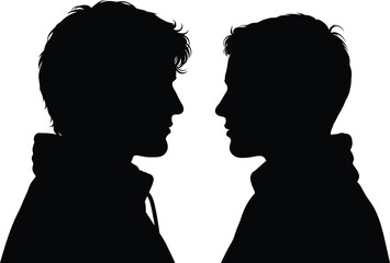 Silhouette of two men facing each other, profile view illustration, conversation concept, dramatic outline artwork for communication, discussion and relationship themes