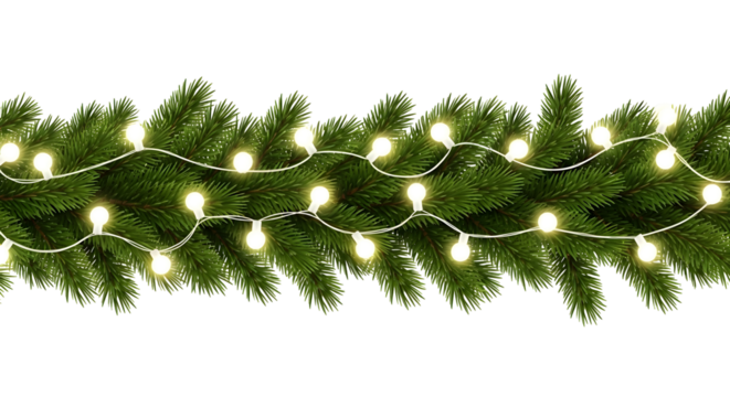 Christmas lights garland with conifer branches – seamless decorative border, transparent PNG