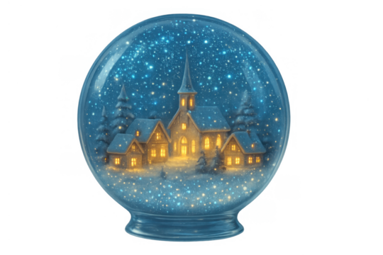 Snow globe featuring cozy winter village scene with church, houses, and sparkling snowfall at night, transparent background