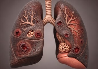 Anatomical illustration of diseased lungs, showcasing damage and various health issues.