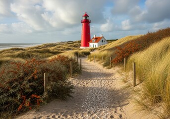 A scenic view of a red lighthouse and a white building on a sandy dune path near the ocean under a cloudy sky.