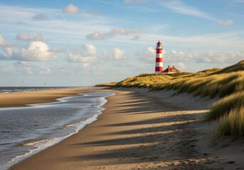 A scenic coastal view featuring a lighthouse with red and white stripes, sandy beach, and grassy dunes under a cloudy sky.