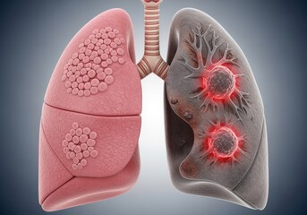 Anatomical illustration depicting healthy and diseased lungs, showcasing the effects of cancer and damage.