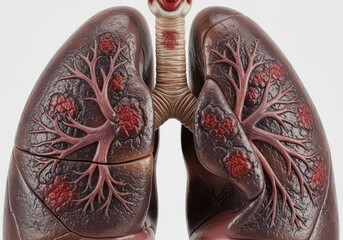 Anatomical model of human lungs, showcasing the effects of disease, with visible tumors and damage.