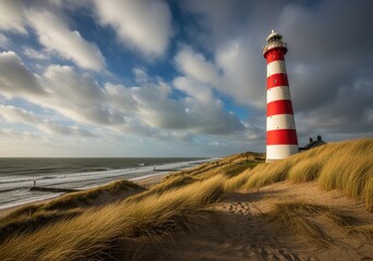 A striking lighthouse stands tall on a sandy dune, overlooking the vast ocean under a cloudy sky.
