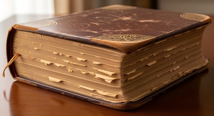 The pages are numerous, yellowed, and appear to be very old and brittle, with many edges showing fraying and minor damage. The book is resting on a dark wooden surface.
