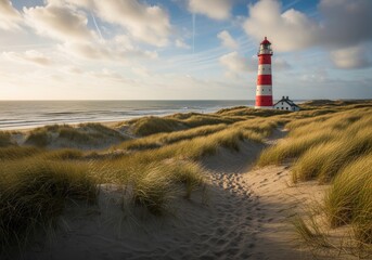 A scenic coastal landscape featuring a red and white striped lighthouse, a small house, and a sandy path leading to the sea.
