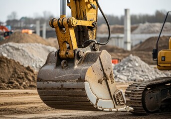 Close-up view of a yellow excavator bucket at a construction site, ready for digging.