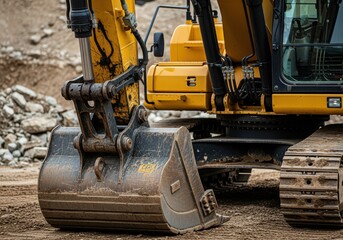 Close-up view of a yellow excavator with its bucket, tracks, and cab, on a construction site.