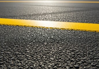Close-up view of a freshly paved asphalt road with a bright yellow lane marking.
