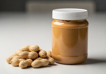 A jar of peanut butter sits next to a pile of peanuts on a white surface.