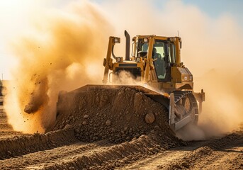 A yellow bulldozer pushing earth, creating a cloud of dust during construction work on a sunny day.