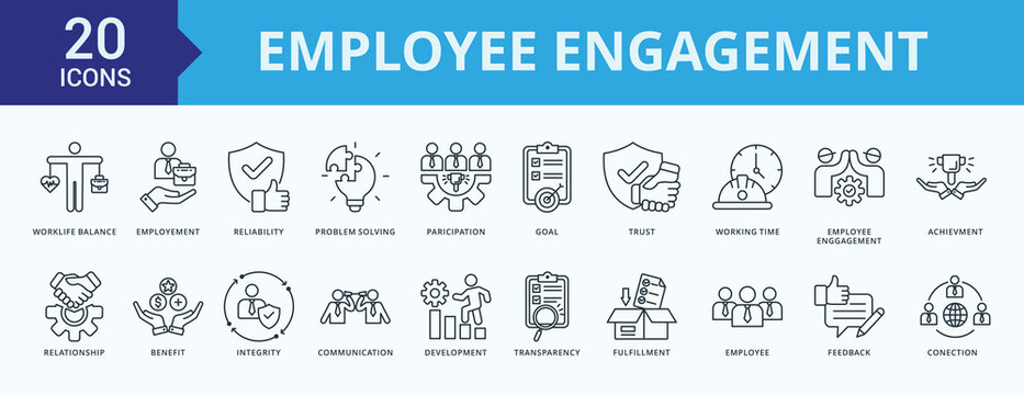 Employee Engagement icon collection set with worklife balance, employment, reliability, problem solving