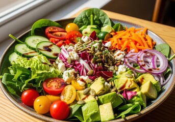 A vibrant and colorful salad bowl with fresh vegetables and toppings.