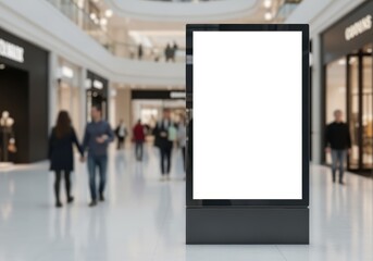 An indoor shot of a digital advertising display in a shopping mall, with blurred people in the background.