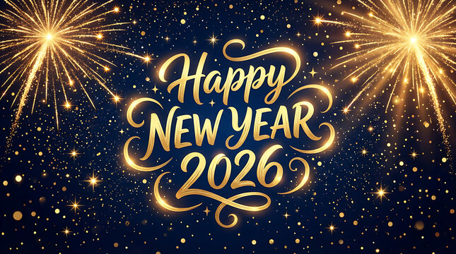 Happy new year 2026 with golden fireworks and starry night sky. Happy New Year 2026