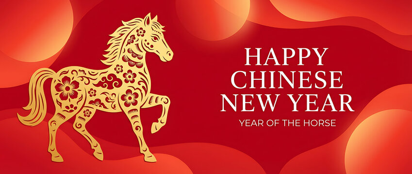 Happy Chinese new year banner with horse on red background. Vector illustration for banner, posters, flyers, greeting cards and invitation - Powered by Adobe