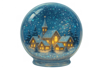 Snow globe with a glowing winter village scene, falling glitter, and fir trees on transparent background