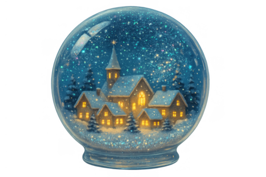 Snow globe with a glowing winter village scene, falling glitter, and fir trees on transparent background