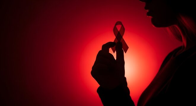 Show Your Support: Silhouette of a Woman Holding an AIDS Awareness Ribbon in a Powerful Red Light for World AIDS Day Campaigns