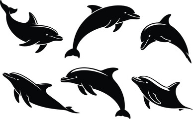 Set of jumping and swimming dolphin silhouettes in dynamic ocean poses for marine wildlife illustrations, aquatic design and nature artworks