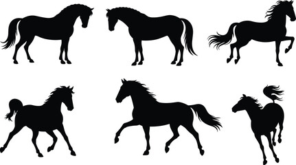 Set of running and standing horse silhouettes, elegant equine illustration collection, wild animal graphics for creative design, farm, nature and wildlife themes