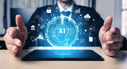 The role of AI in FinTech and modern business. A concept of using artificial intelligence for banking, investment, and data analysis solutions. Motif