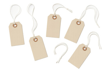 Blank product tags with string packaging for sale, discount, price, shopping, and commercial use on transparent background