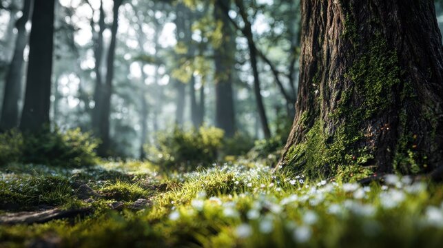 Mystical forest floor with sun-dappled tree and white blooms, tranquility