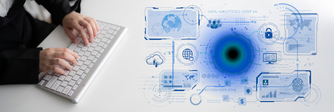 A futuristic command center interface for managing a global technology platform. The dashboard includes data security, network administration, and biometric user authentication. Fermion