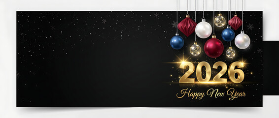 Happy New Year 2026 greetings flyer with dim light effect, golden gradient text, New year promotion or invitation template, decorative flyer for new year celebration, vector art illustration