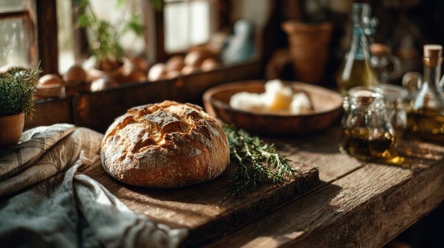 Artisanal bread on wooden board with olive oil and rustic kitchen setting